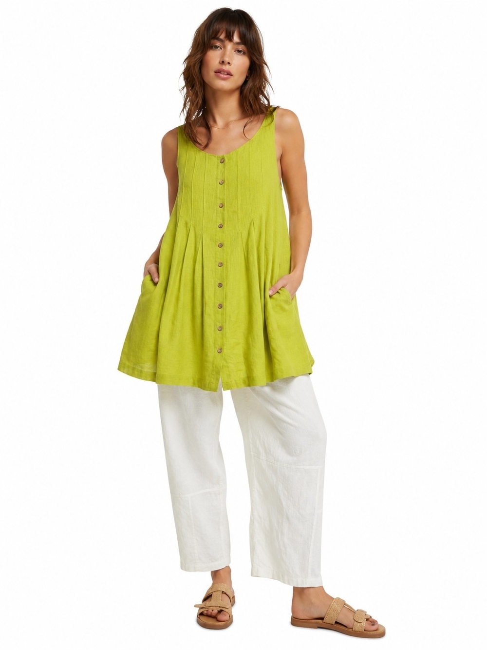 Free People Free-Est Linen Swing Tunic Tank Top Lime Green Pockets XS